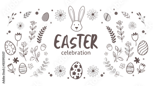 Whimsical hand drawn easter celebration banner featuring a cute bunny face decorative eggs flowers and foliage in a simple charming doodle style