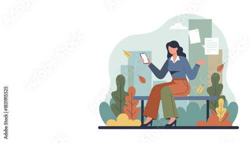 Businesswoman uses phone on a park bench Remote work communication and urban autumn lifestyle