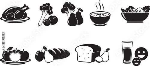 Food and drink icons set chicken broccoli
