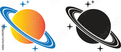 Planet and Saturn icons set, collection and group of space ringed planet symbols, astronomy galaxy elements, flat style, line style gradient vector illustration isolated on transparent background