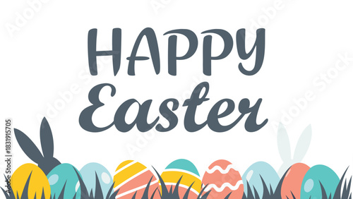 Happy easter greeting with colorful decorated eggs and cute bunny ears peeking out from behind the grass and eggs for a festive celebration