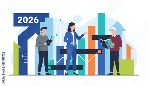 Business team analyzes 2026 financial data charts and growth forecasts Corporate planning illustration
