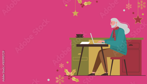 Senior man working on laptop at a festive desk with Christmas decorations on a magenta background