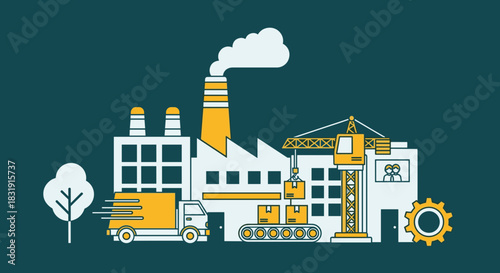 Industrial factory complex illustration showing production shipping crane and logistics operations
