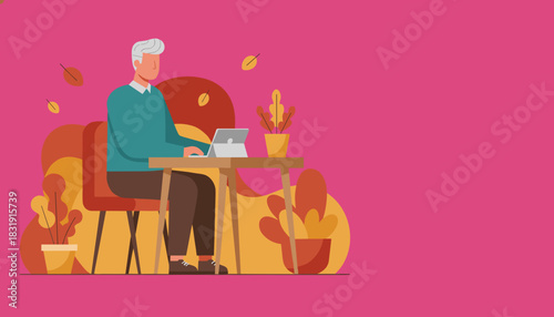 Senior man working on a tablet in a cozy colorful home office setting Digital lifestyle concept