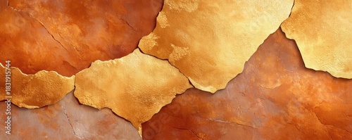 Golden cracked wall texture with aged gold paint and warm orange hues for background design