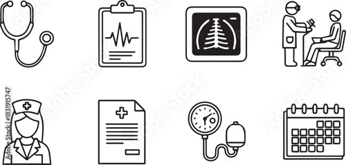 Set of eight black and white medical icons stethoscope
