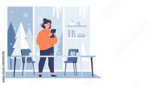 Angry woman uses smartphone in her winter home office frustrated by bad news or tech problems