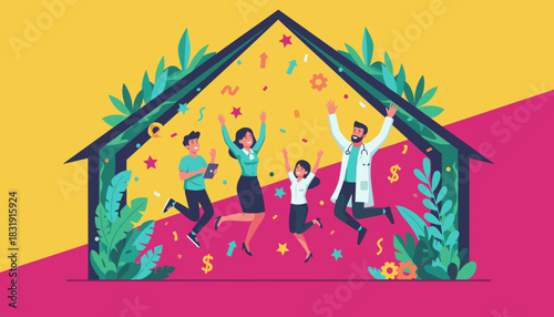 Happy professional team celebrating success inside a stylized home outline with plants confetti and money