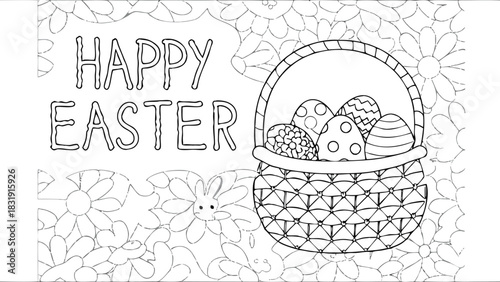 Happy easter greeting card with a basket full of decorated eggs and a cute bunny amidst floral patterns perfect for coloring and spring celebrations
