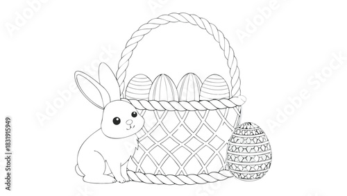 A charming black and white line drawing of a cute bunny sitting next to a woven easter basket filled with decorated eggs perfect for coloring pages and spring celebrations