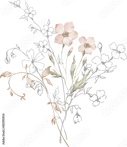 Watercolor bouquet with wild plants and flowers. Meadow dried wildflowers. Elegant ethereal nature, floral arrangement