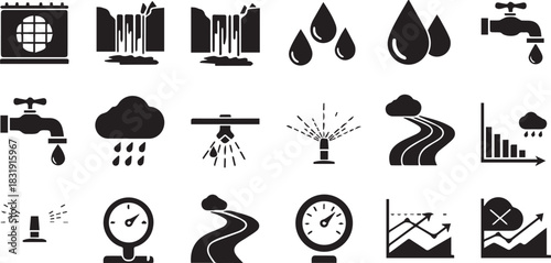 Water and weather related icons with graphs Keywords: calendar, waterfall, water flow, water
