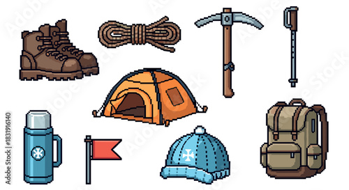 Pixel art set of hiking camping equipment including a tent, backpack, boots, and pickaxe in a retro 8-bit video game style, for adventure concepts