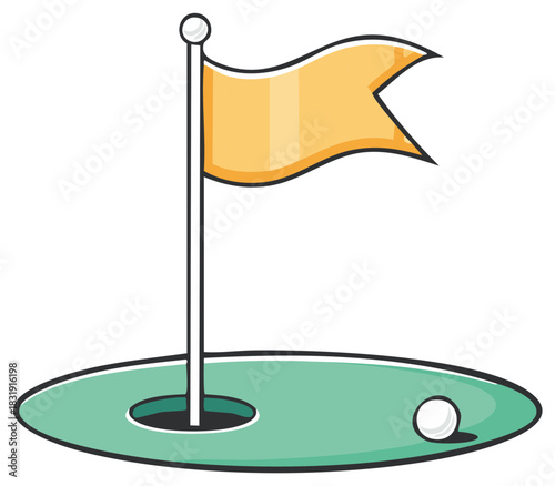 Cartoon golf hole flag and ball on green grass representing a sport concept