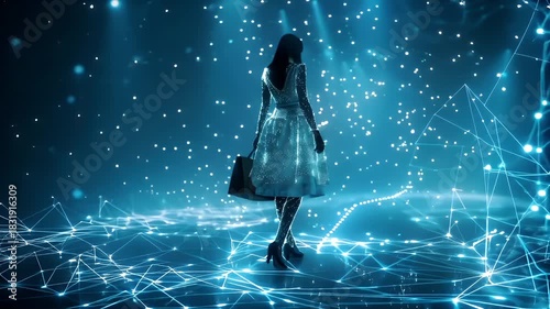 Holiday shopping season. Retail business promotion concept. A digital artwork featuring a woman in a shimmering, sequined dress, standing against a backdrop of radiant blue lights and digital mesh.