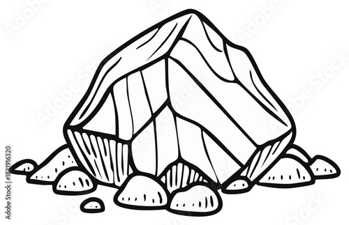 Cartoon vector illustration of a massive jagged rock or crystal formation with tiny pebbles