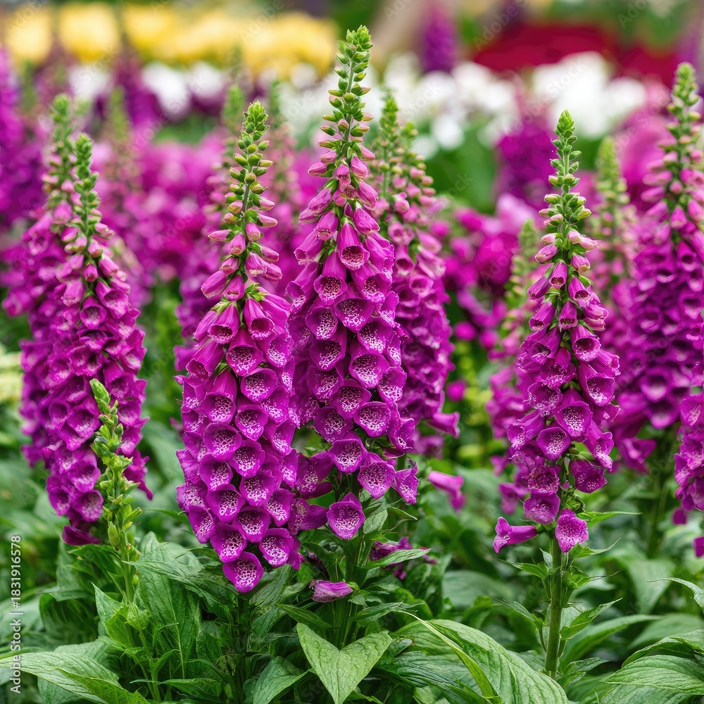 Obraz premium Tall spikes of purple foxglove flowers bloom in a lush garden.