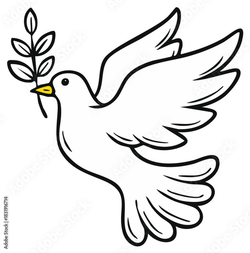 White peace dove flying with olive branch symbol of hope and freedom illustration
