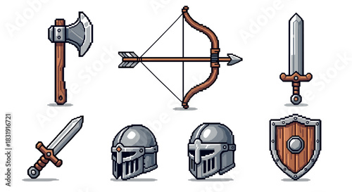 Pixel art medieval weapon and armor set including sword, axe, shield, helmet, bow, and arrow for a fantasy RPG video game,