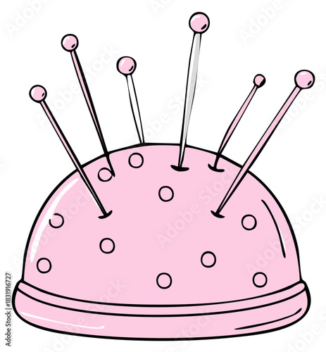 Cartoon pink pincushion with multiple sewing pins embedded illustration