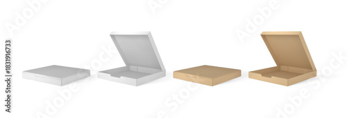 Pizza boxes, takeaway containers packages mock up 3D vector set, closed and open brown and white cardboard box templates