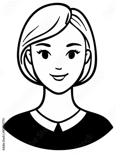 Elegant woman's outline portrait with bob haircut and classic style collar shirt, symbolizing simplicity and sophistication, black and white