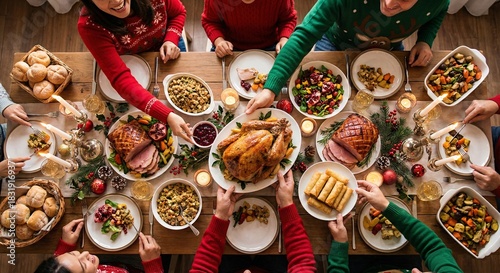 Family and friends gathered enjoying delicious traditional Christmas holiday dinner feast together