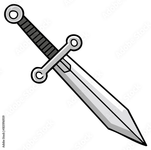 Cartoon illustration of a classic broadsword featuring a bright silver blade and dark grip