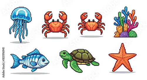 Pixel art set of colorful sea creatures including a jellyfish, crab, turtle, fish, starfish, and coral in a retro 8-bit video game style,