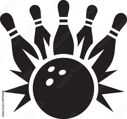 Bold vector silhouette of a bowling ball hitting pins, perfect for sports icons, logos, and design.