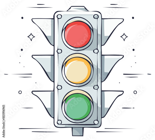 Traffic light illustration with red yellow and green lights, traffic management system, sketch illustration, control equipment