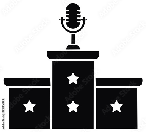 Podium with microphone and stars, presentation stage for public speaking event, winner platform