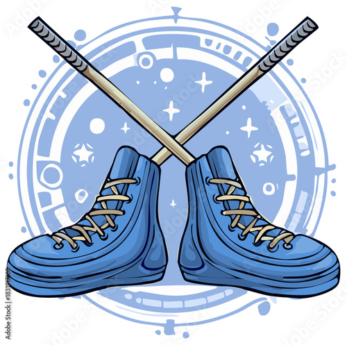 Blue Vintage Roller Skate Shoes with Crossed Hockey Sticks on Abstract Sport Circle