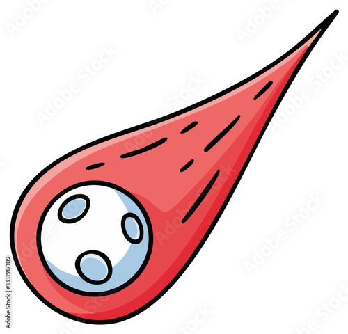 Stylized Cartoon Comet Rushing Through Space Illustration with Vibrant Red Tail and Circular Body