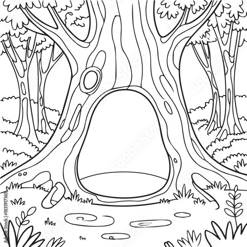 Cartoon illustration of a mysterious hollow tree trunk in a whimsical woodland setting, a printable coloring sheet