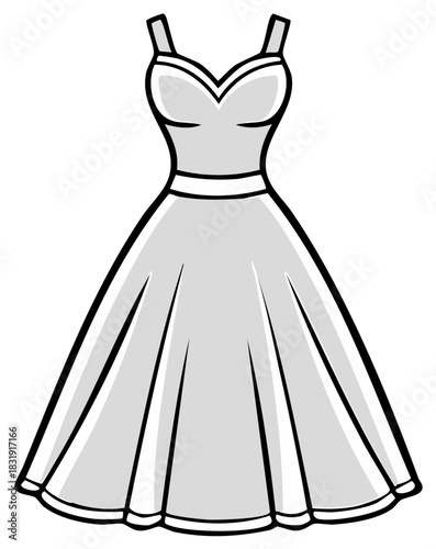 Elegant gray evening dress with straps, A-line silhouette. Fashionable cartoon dress. Vector illustration.