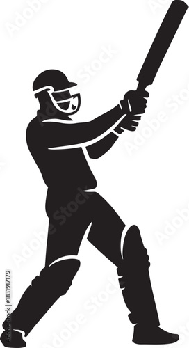 Bold vector silhouette of a cricket batsman swinging bat, ideal for sports icons and graphic design.