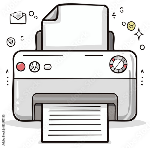 Cartoon printer with printed document and associated icons illustration