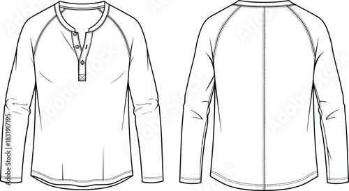 Fashion technical flat drawing vector illustration long sleeve henley shirt men's clothing apparel design mockup raglan sleeve curved hem button placket CAD template.