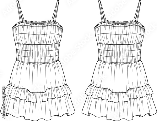 Fashion technical flat drawing vector illustration mini dress women's clothing apparel design mockup smocked bodice sundress tiered ruffle skirt CAD template spring summer.