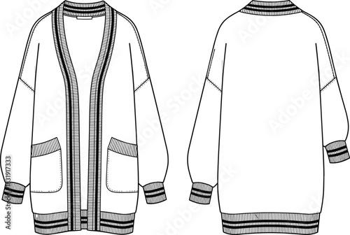 Fashion technical flat drawing vector illustration oversized cardigan varsity stripe detail women's clothing apparel design mockup drop shoulder knitwear CAD template sweater jacket.