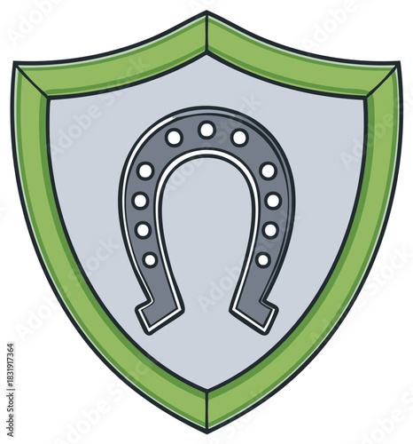 Green heraldic shield with a lucky horseshoe symbol for good fortune and protection