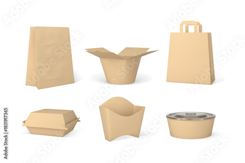 Takeaway containers packages mock up 3D vector set, craft brown paper fast food empty boxes, bags, bowl, plate blanks