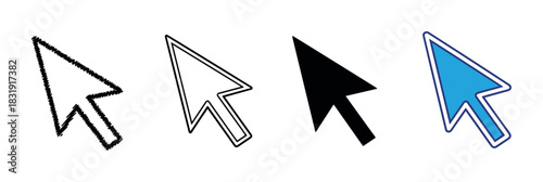 Set of four computer mouse cursor icons in different graphic styles including hand-drawn scribble, outline, solid black, and blue color fill,