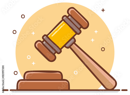 Wooden judge gavel and sounding block flat cartoon illustration for law and justice