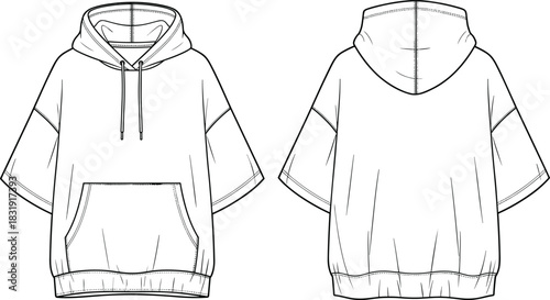 Fashion technical flat drawing vector illustration oversized short sleeve hoodie women's clothing apparel design mockup boxy fit kangaroo pocket cropped hem CAD template.