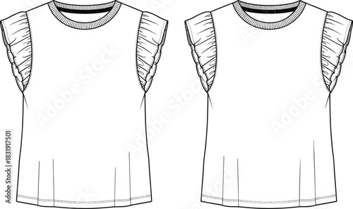 Fashion technical flat drawing vector illustration sleeveless knit top women's clothing apparel design mockup crew neck ruffle trim flutter sleeve CAD template blouse.