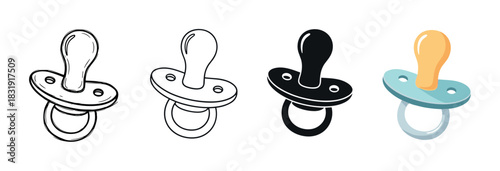 Baby pacifier icon set in four styles including sketch, line art, silhouette, and flat color vector illustration for newborn and infant care concepts,
