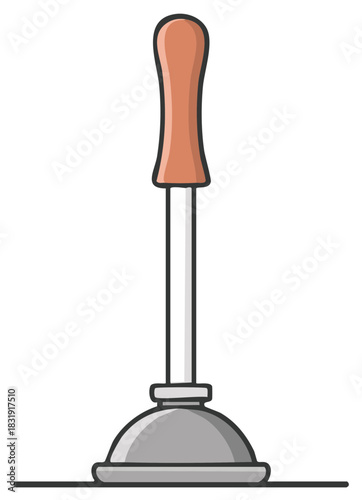 Plunger tool with wooden handle and rubber cup for plumbing tasks